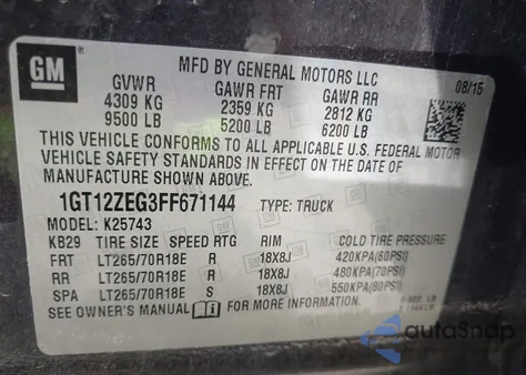 2015 GMC Sierra 2500Hd Slt z USA, uszkodzony, nr VIN 1GT12ZEG3FF671144